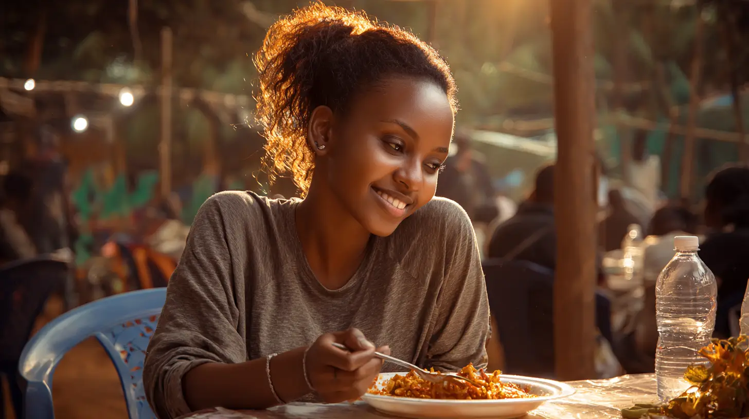 Young Kenyan woman smiling while eating at a street food stall